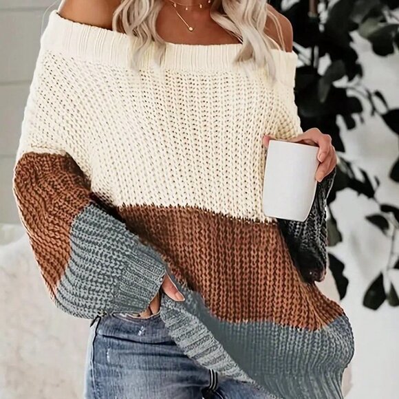 Multicolor Casual Womens Color Block Off Shoulder Sweater - Picture 1 of 4